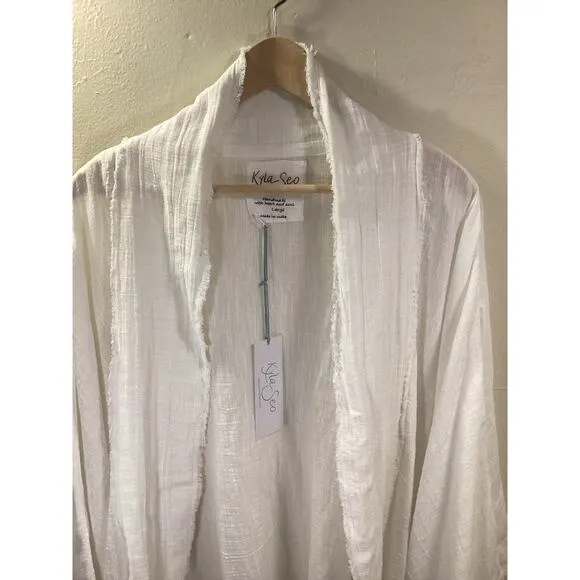 Kyla Seo NWT Ivory Cotton Gauze Embroidery Frayed Kimono Oversized Jacket USA L