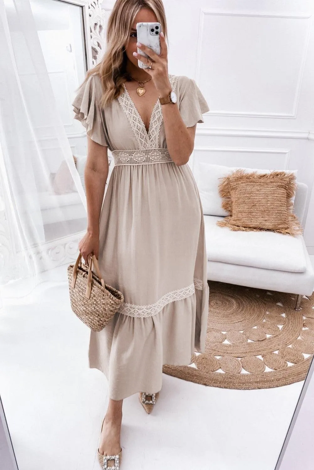 Lace V-Neck Ruffled Sleeve Empire Dress