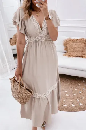 Lace V-Neck Ruffled Sleeve Empire Dress