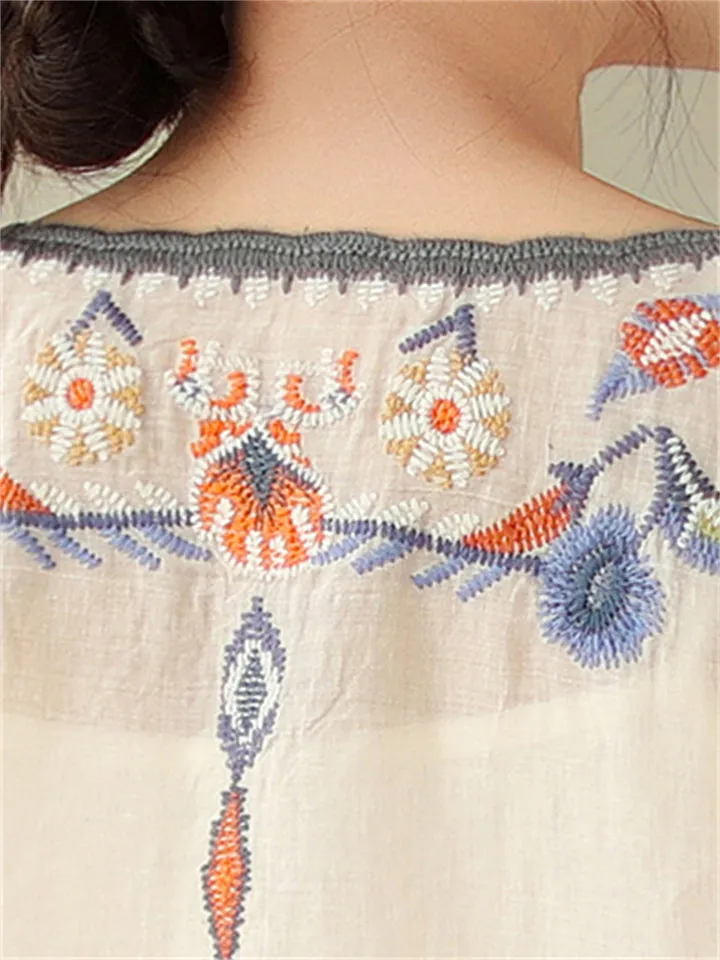 Ladies Ethnic Style Floral Embroidery Round Neck Shirts