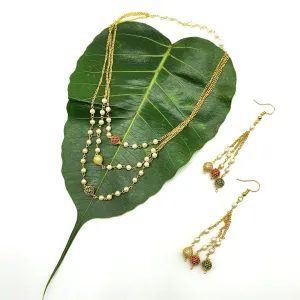 Latest Long Necklace Set Designs in Gold Finish 3 Layer Multicolor Mani Necklace & Earrings