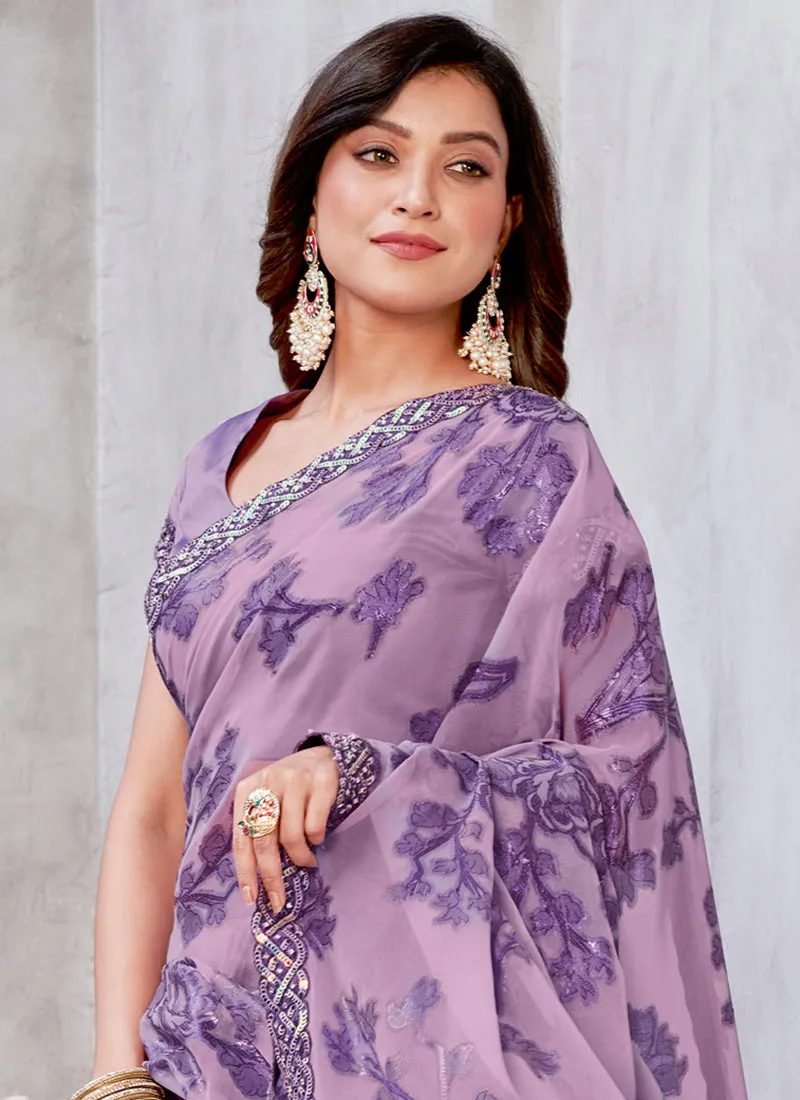 Lavender Sequence Embroidery Georgette Jacquard Saree