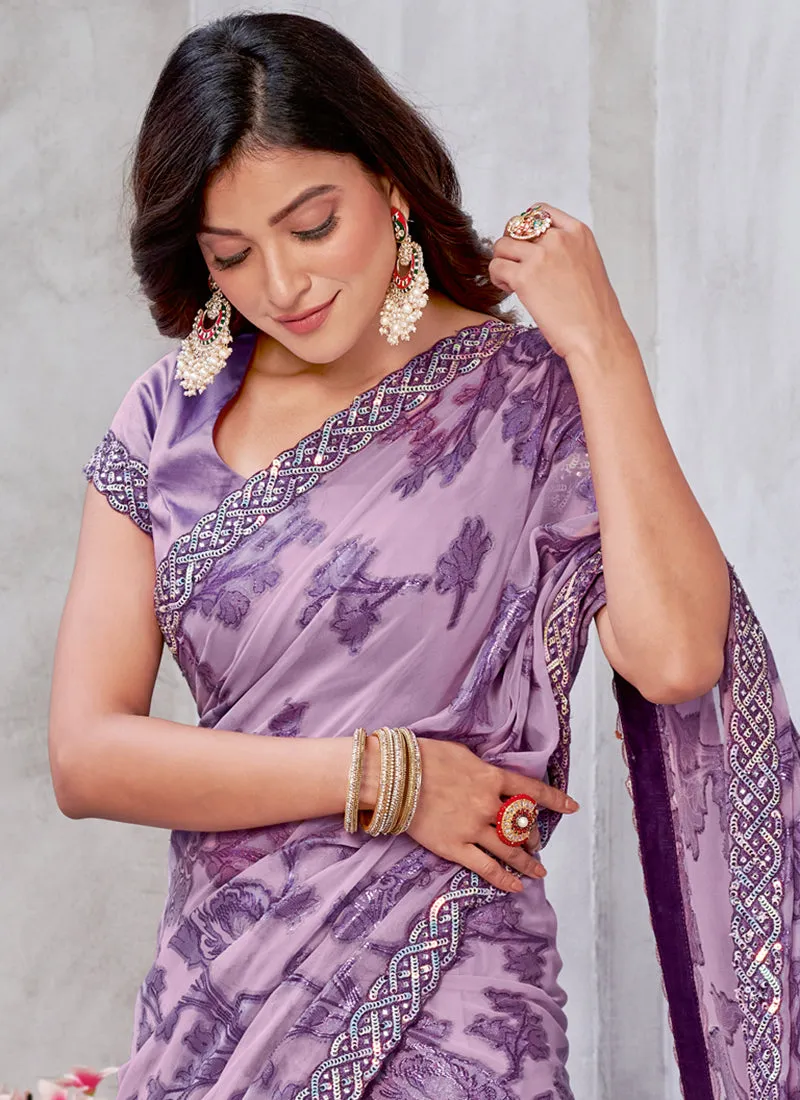 Lavender Sequence Embroidery Georgette Jacquard Saree