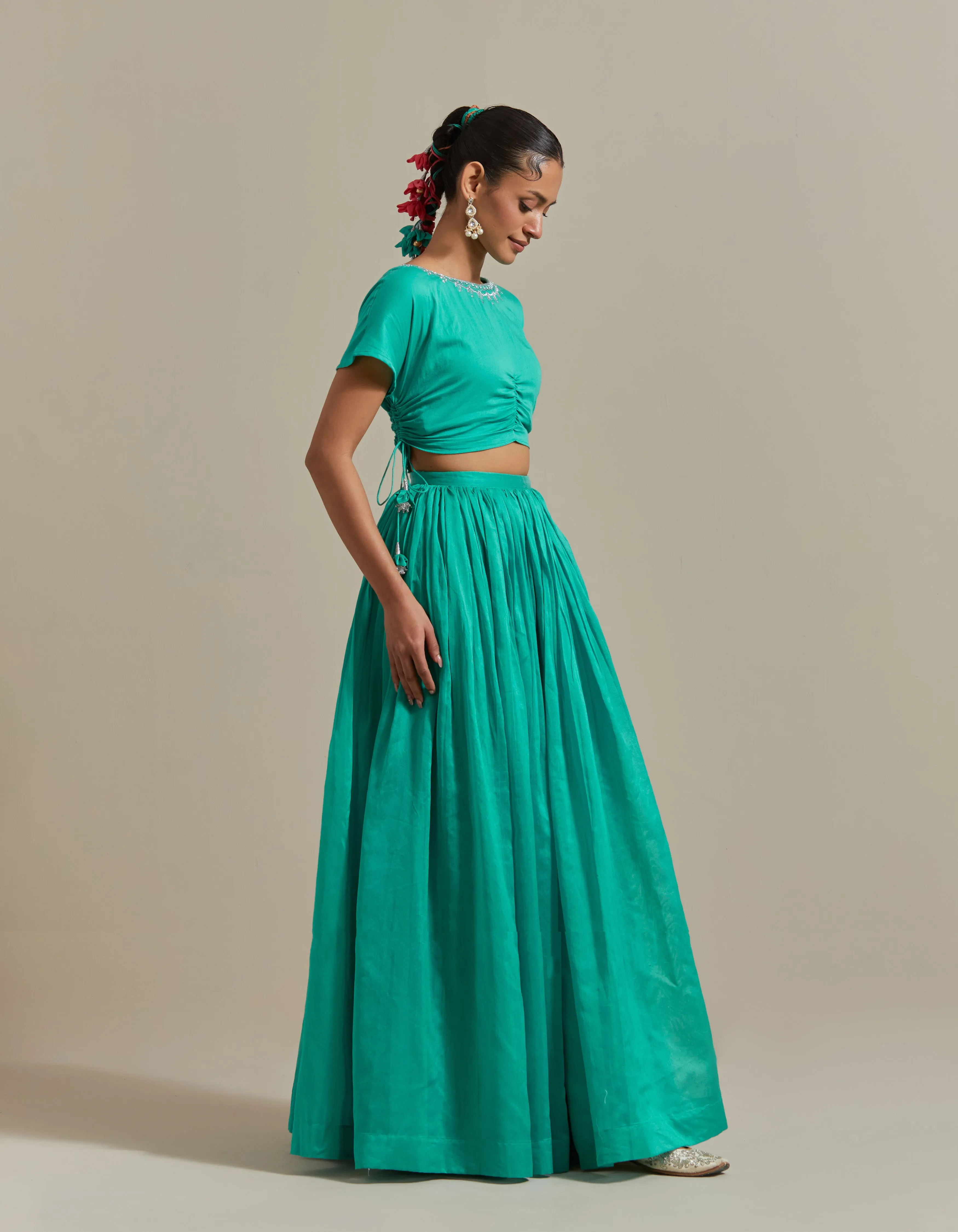 Lehenga Set: Embroidered Crop Top With Skirt in Aqua & Color Blocked Dupatta in Chanderi Handloom (Set of 3)