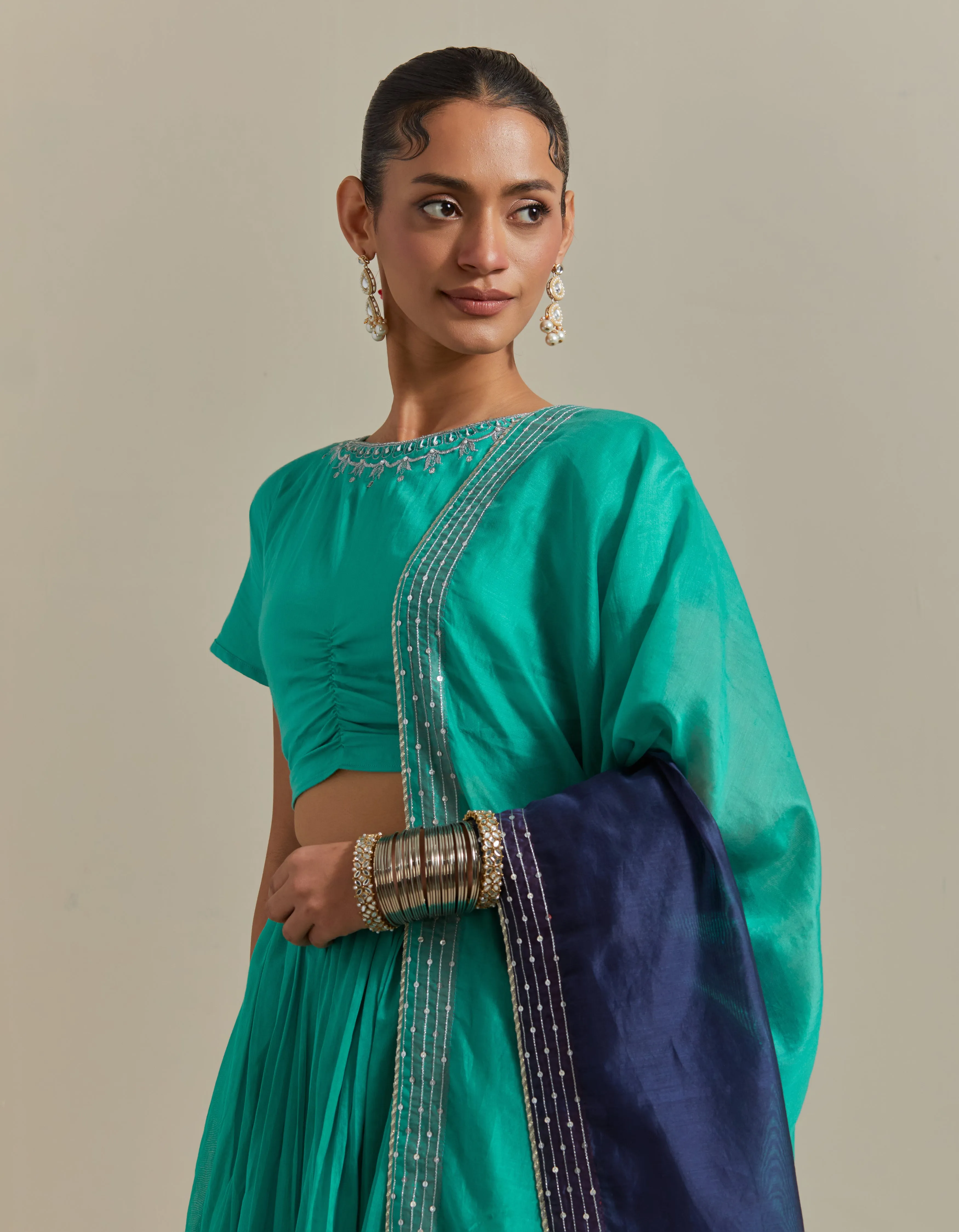 Lehenga Set: Embroidered Crop Top With Skirt in Aqua & Color Blocked Dupatta in Chanderi Handloom (Set of 3)