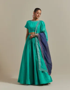 Lehenga Set: Embroidered Crop Top With Skirt in Aqua & Color Blocked Dupatta in Chanderi Handloom (Set of 3)
