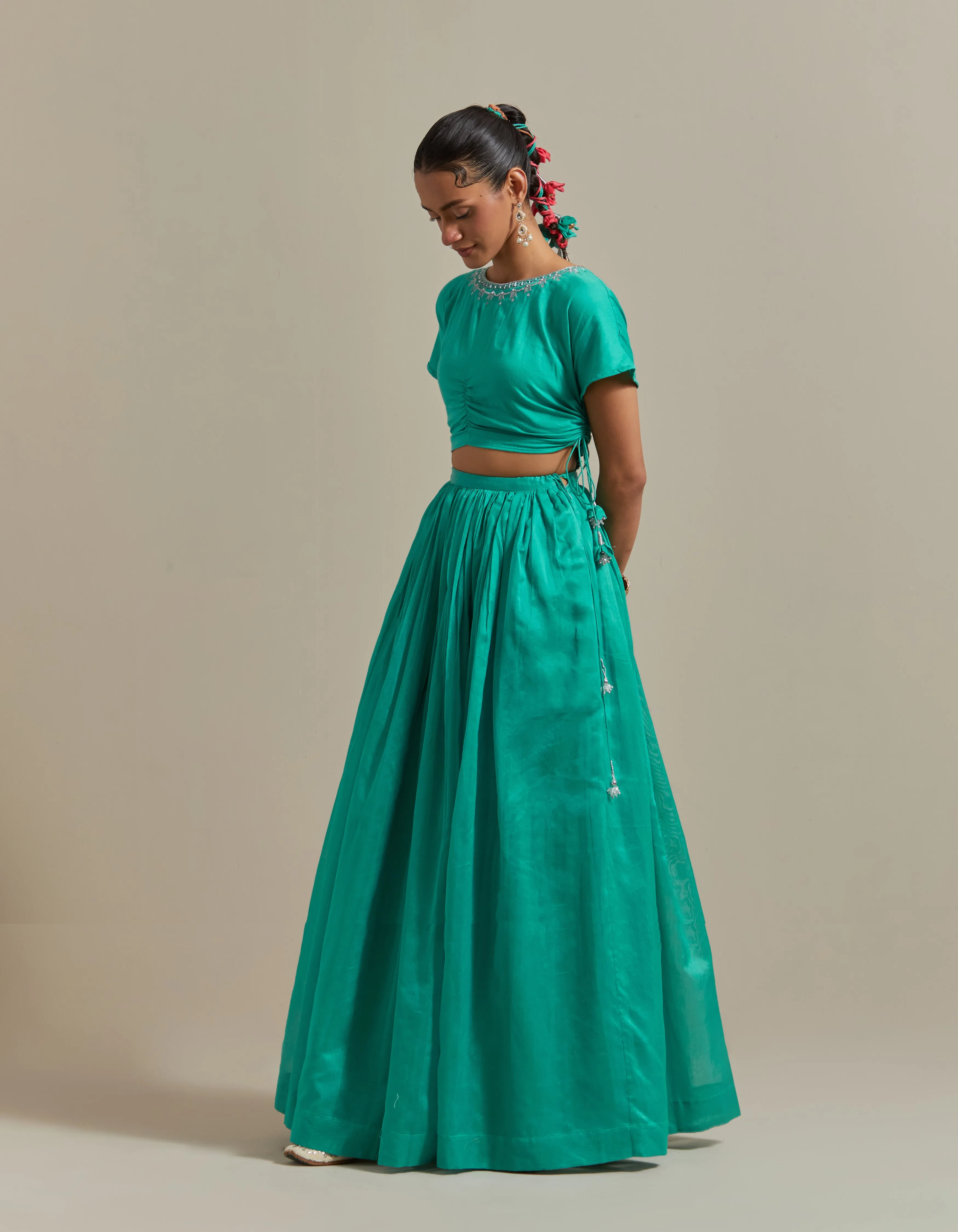 Lehenga Set: Embroidered Crop Top With Skirt in Aqua & Color Blocked Dupatta in Chanderi Handloom (Set of 3)