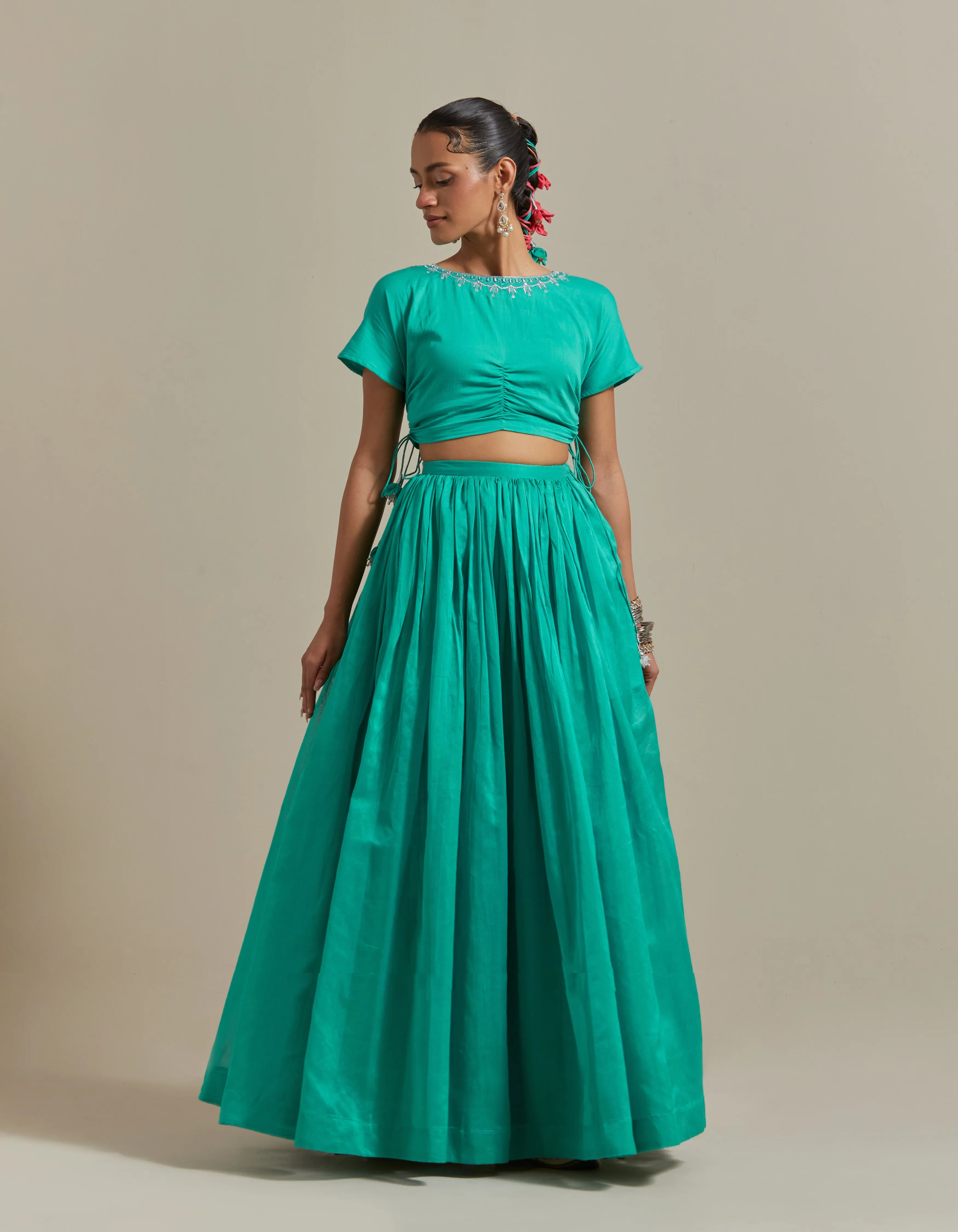 Lehenga Set: Embroidered Crop Top With Skirt in Aqua & Color Blocked Dupatta in Chanderi Handloom (Set of 3)