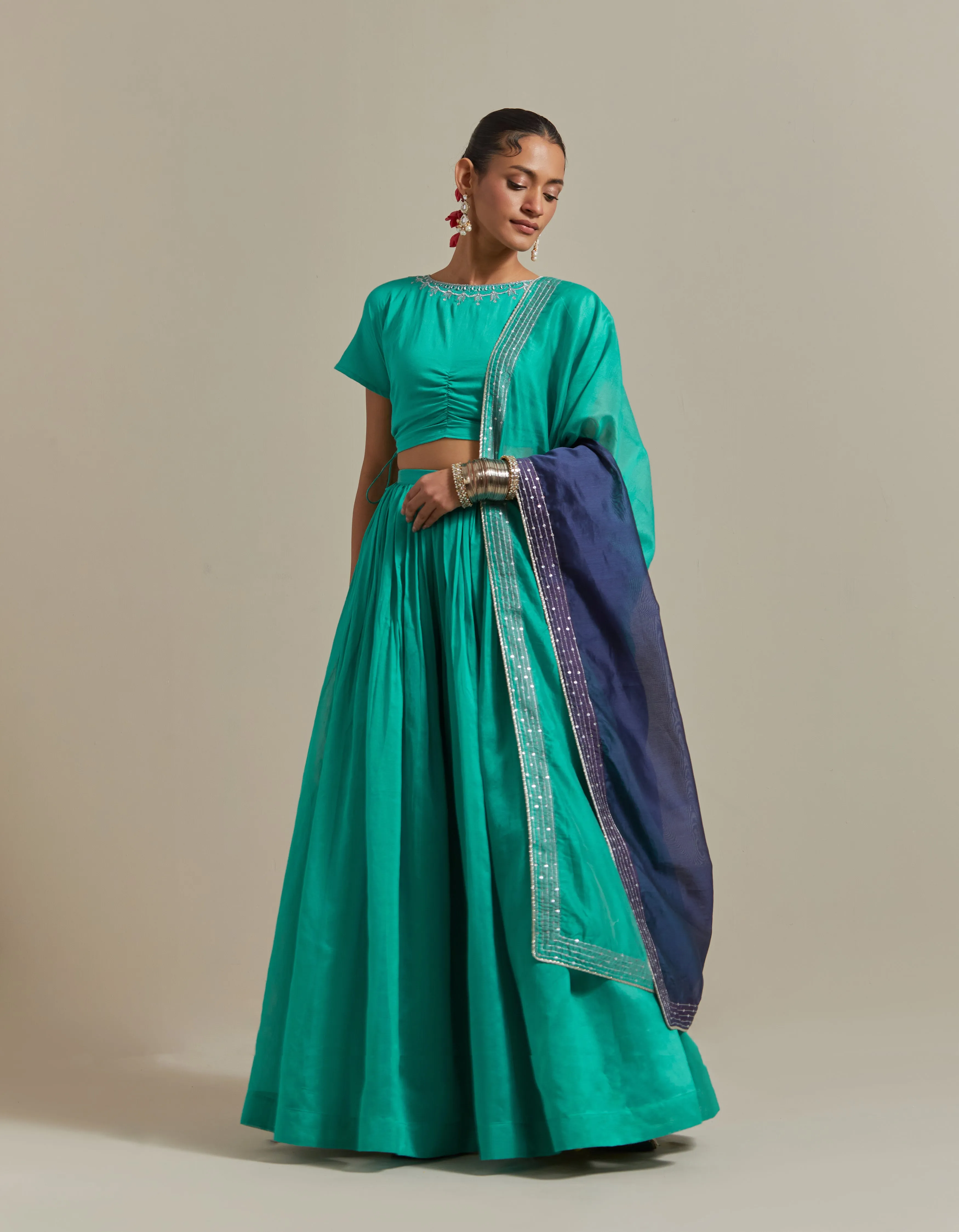 Lehenga Set: Embroidered Crop Top With Skirt in Aqua & Color Blocked Dupatta in Chanderi Handloom (Set of 3)
