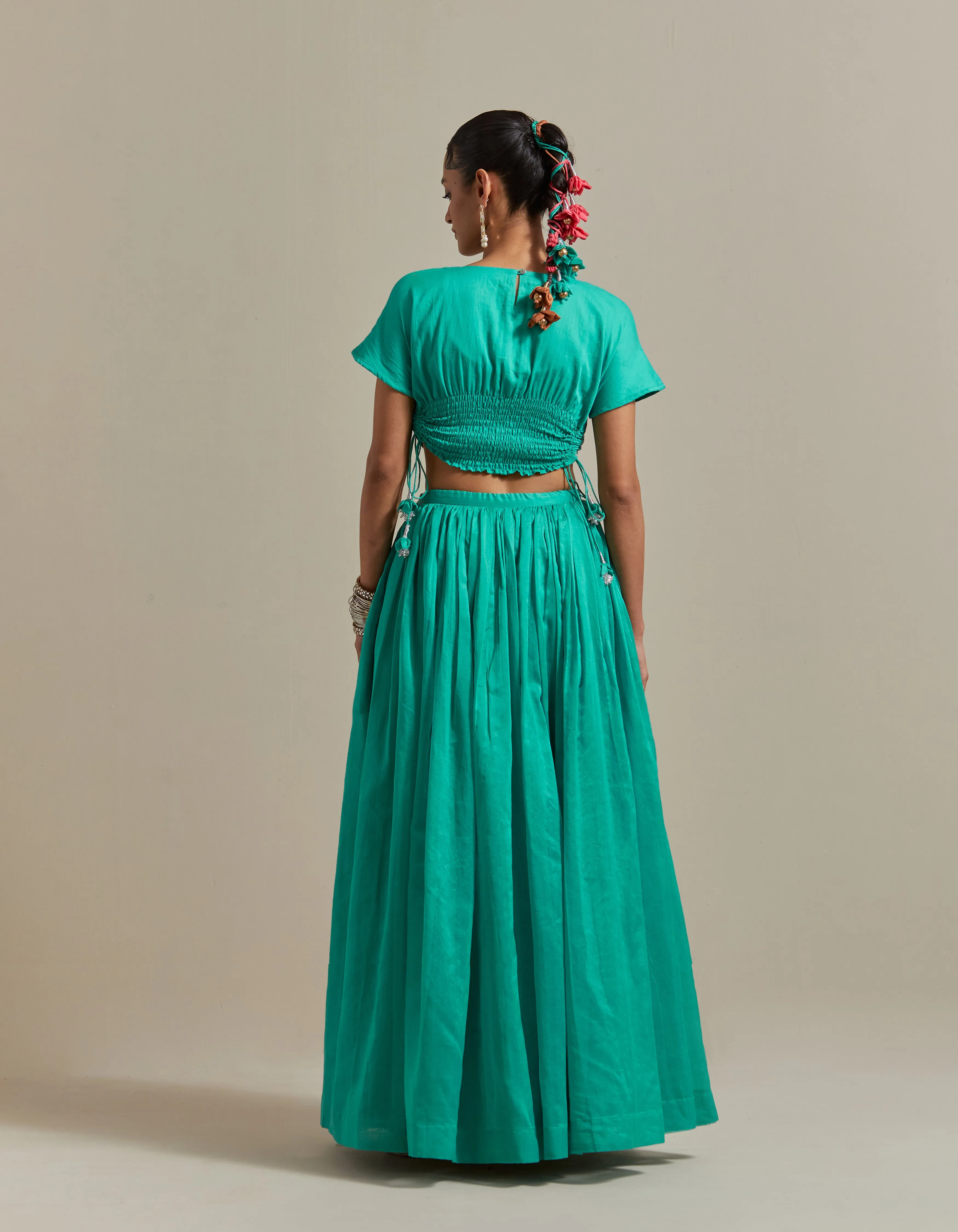Lehenga Set: Embroidered Crop Top With Skirt in Aqua & Color Blocked Dupatta in Chanderi Handloom (Set of 3)