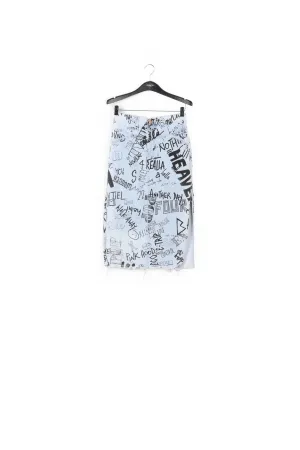 Light blue graffiti-print denim pencil skirt