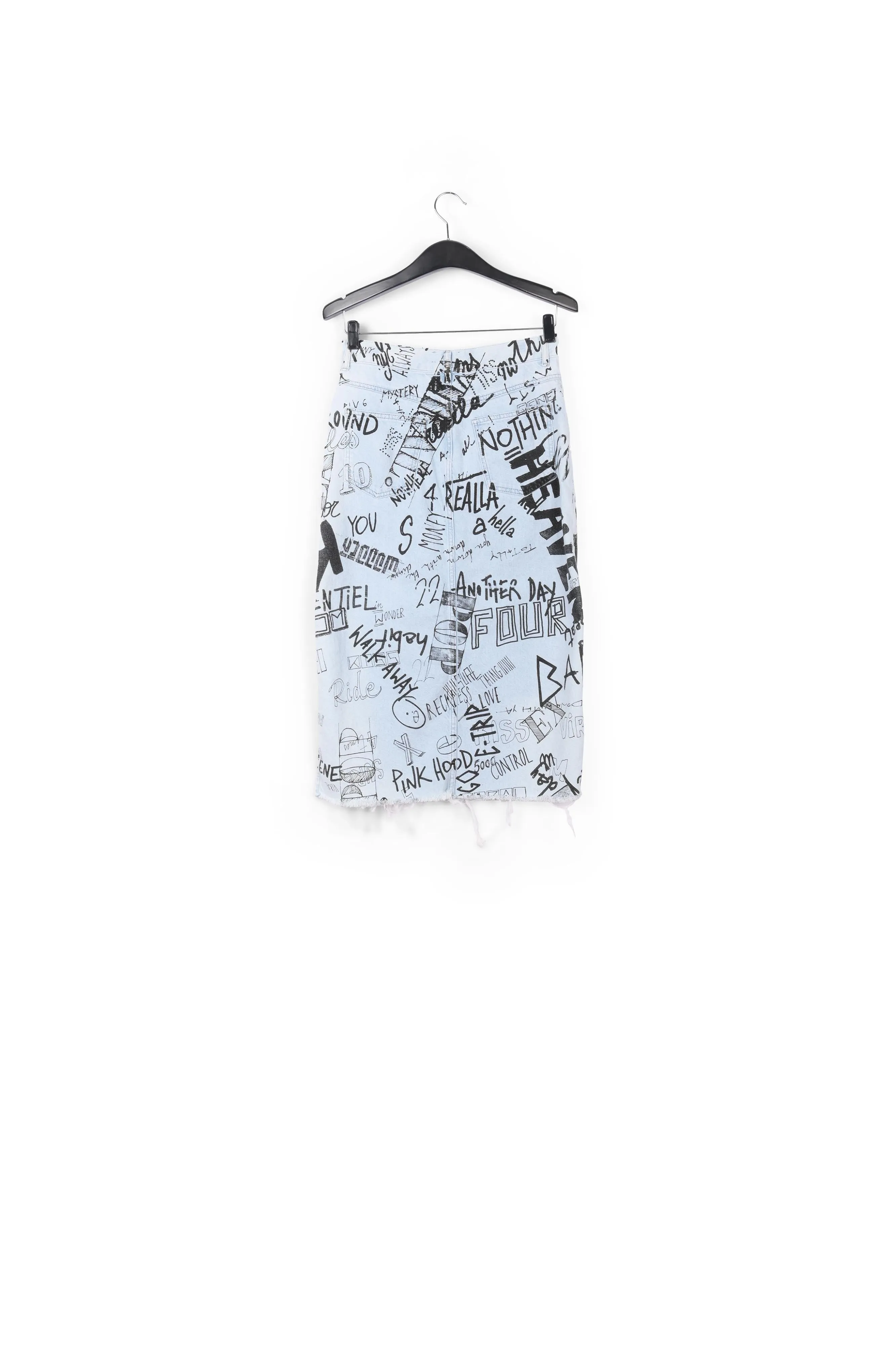 Light blue graffiti-print denim pencil skirt