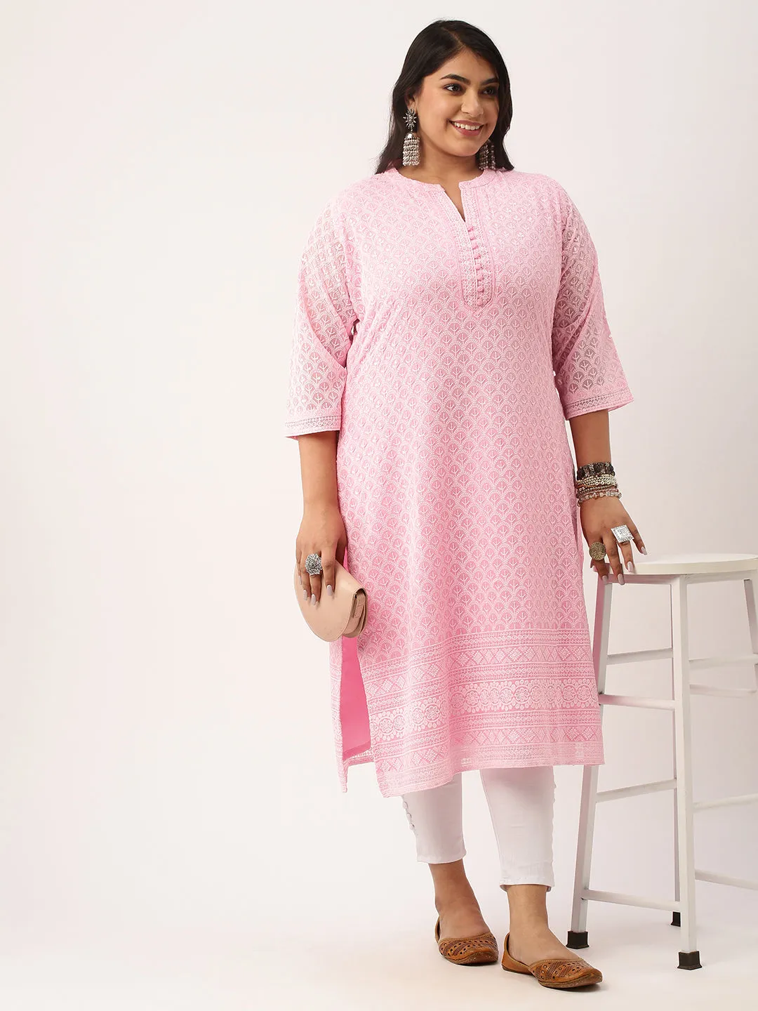 Light Pink Georgette Mandarin Collar Neck 3/4th Sleeves Chikankari Embroidery Ethnic Wear Kurta for Women - ZOLA