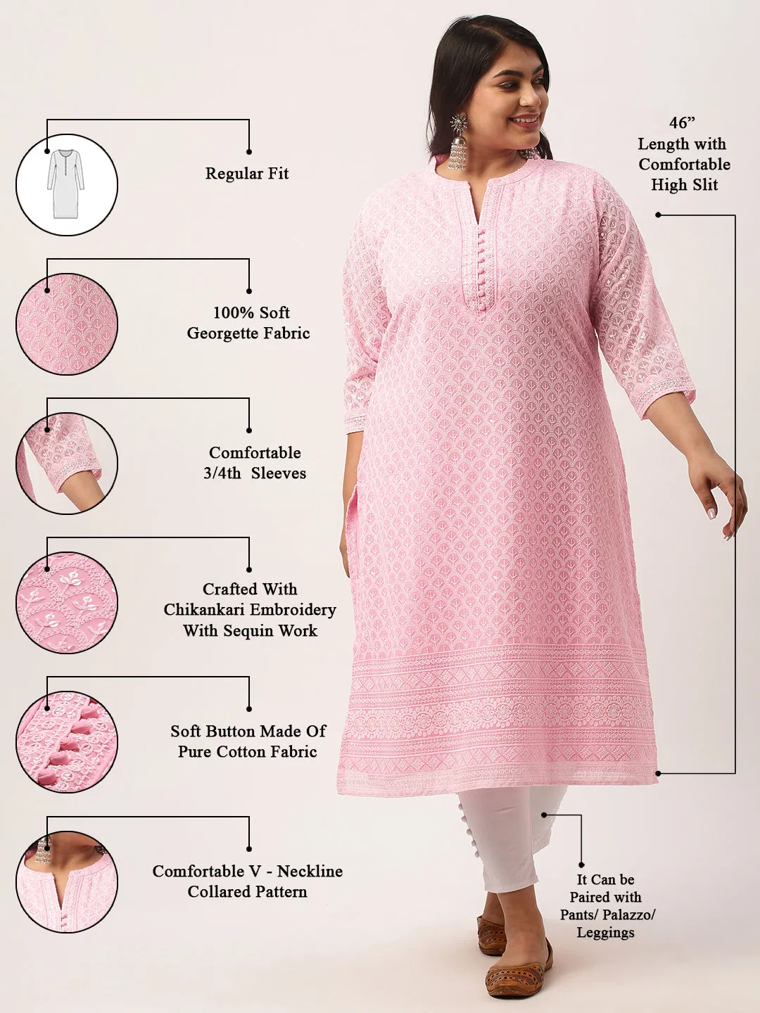 Light Pink Georgette Mandarin Collar Neck 3/4th Sleeves Chikankari Embroidery Ethnic Wear Kurta for Women - ZOLA