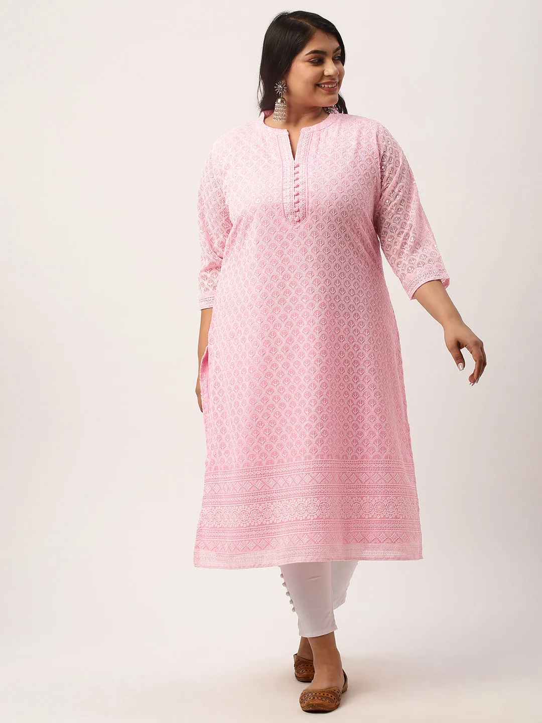 Light Pink Georgette Mandarin Collar Neck 3/4th Sleeves Chikankari Embroidery Ethnic Wear Kurta for Women - ZOLA