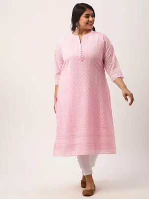 Light Pink Georgette Mandarin Collar Neck 3/4th Sleeves Chikankari Embroidery Ethnic Wear Kurta for Women - ZOLA
