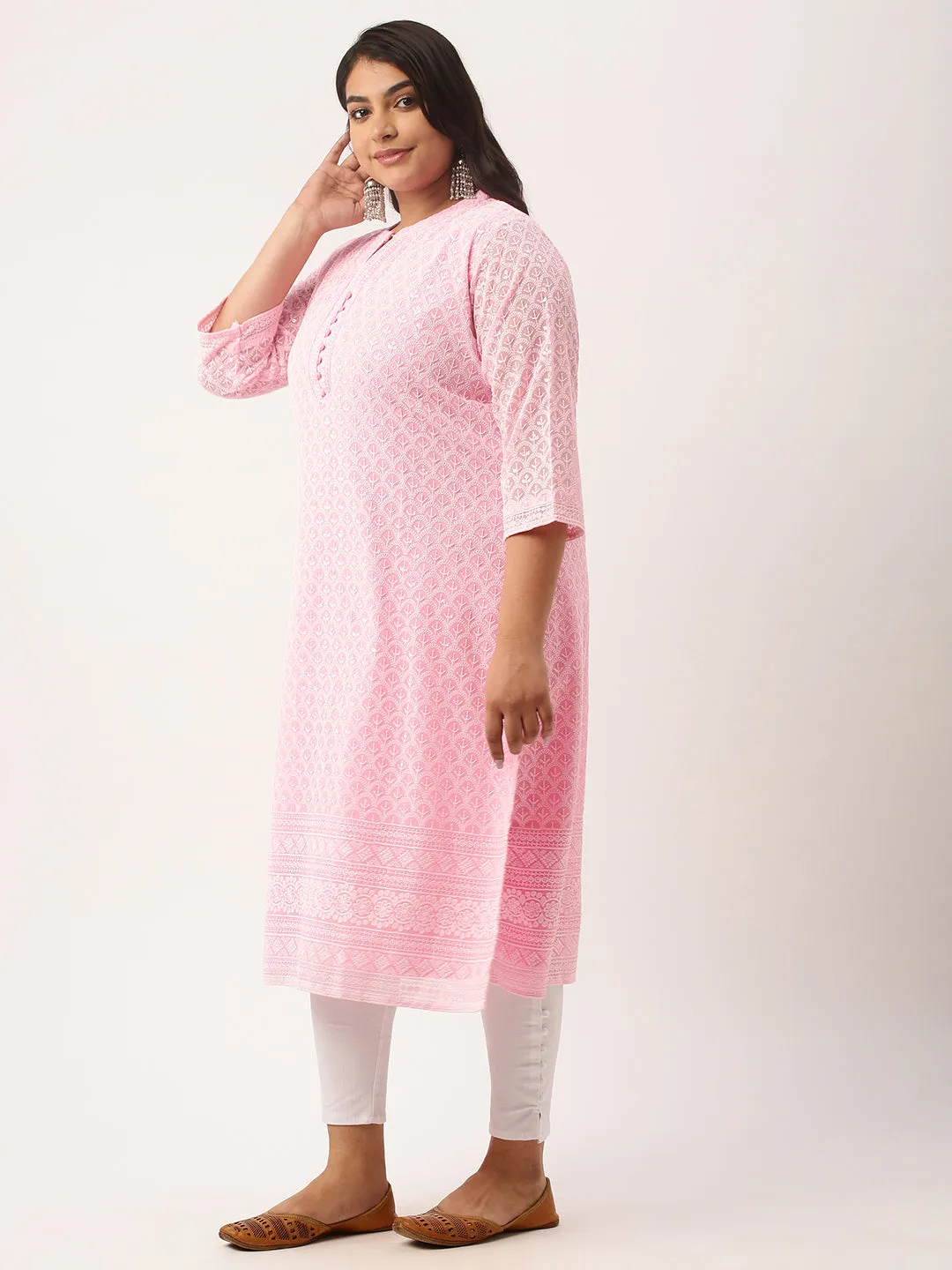 Light Pink Georgette Mandarin Collar Neck 3/4th Sleeves Chikankari Embroidery Ethnic Wear Kurta for Women - ZOLA