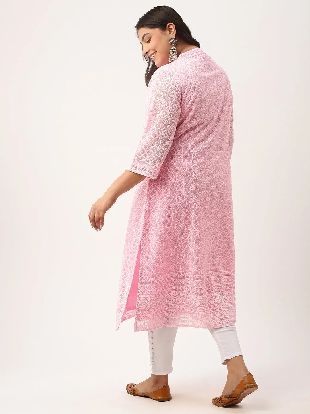 Light Pink Georgette Mandarin Collar Neck 3/4th Sleeves Chikankari Embroidery Ethnic Wear Kurta for Women - ZOLA