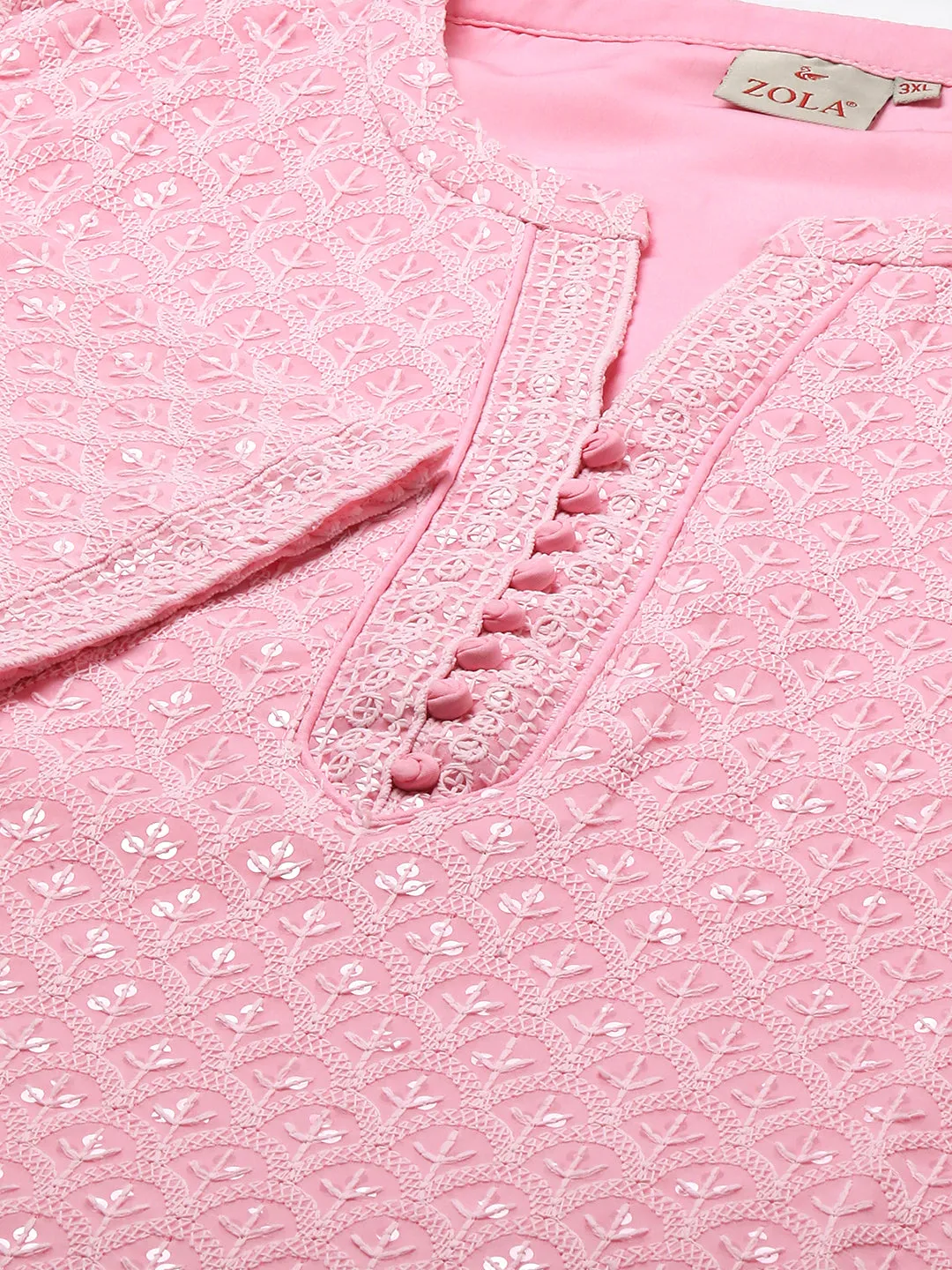 Light Pink Georgette Mandarin Collar Neck 3/4th Sleeves Chikankari Embroidery Ethnic Wear Kurta for Women - ZOLA