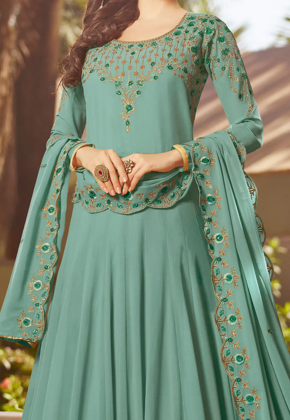 Light Turquoise With Multi Embroidered Georgette Anarkali Suit
