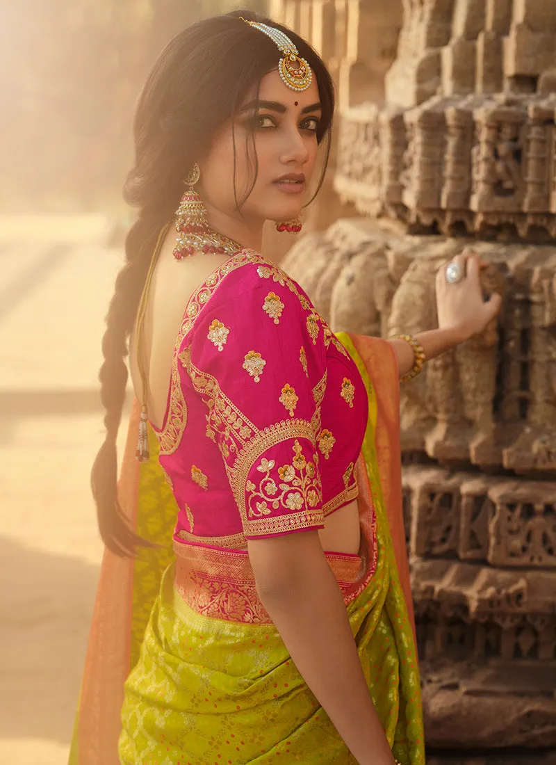 Lime Green And Pink Traditional Embroidered Silk Saree