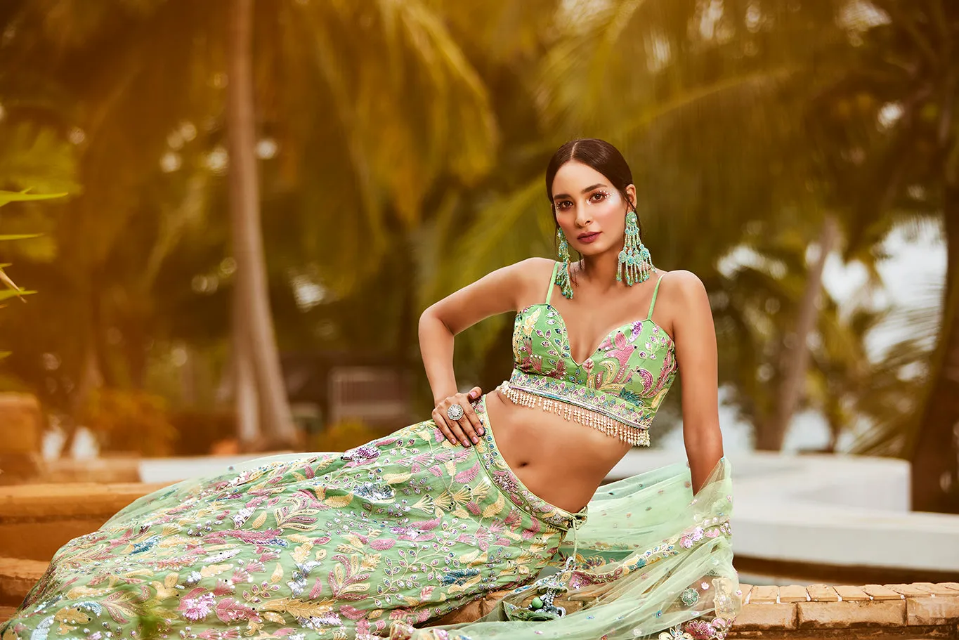 Lime Green Organza Sequins and Mirror Embroidery  Lehenga Choli & Dupatta - Rent
