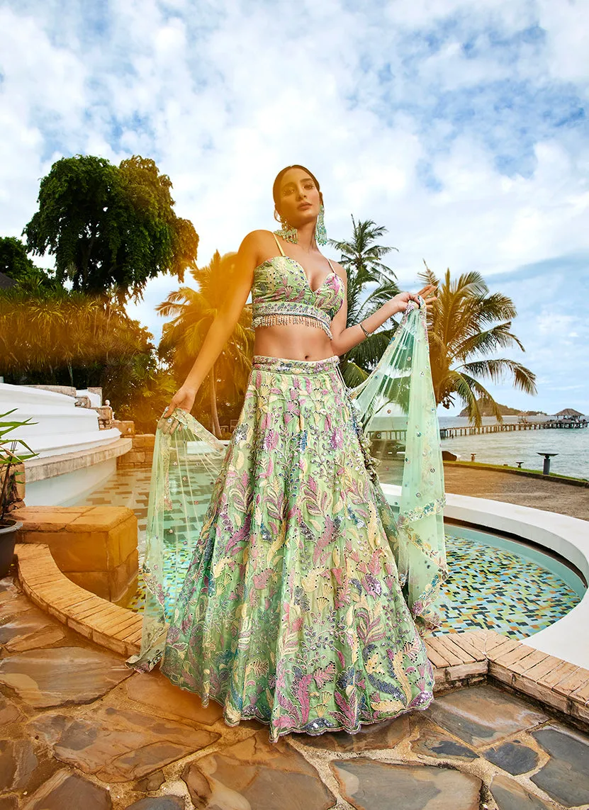 Lime Green Organza Sequins and Mirror Embroidery  Lehenga Choli & Dupatta - Rent