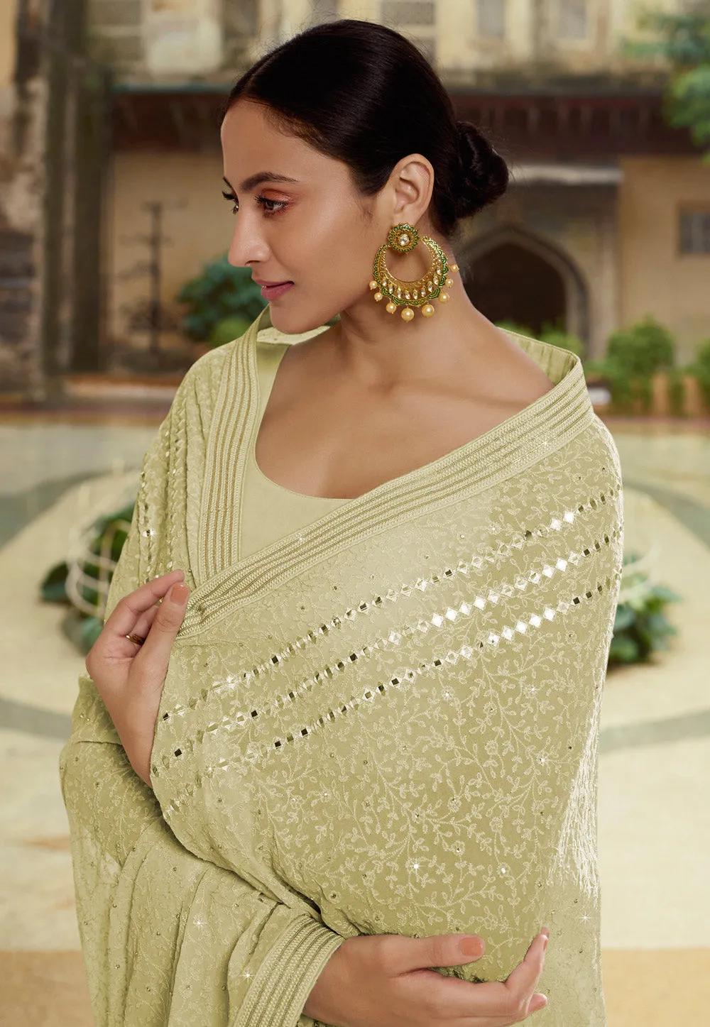 Lime Mirror Embroidered Party Wear Saree
