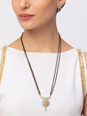 Long Mangalsutra Designs Gold Plated Latest American Diamond Floral Pendant 24 Inches Mangalsutra & Earrings