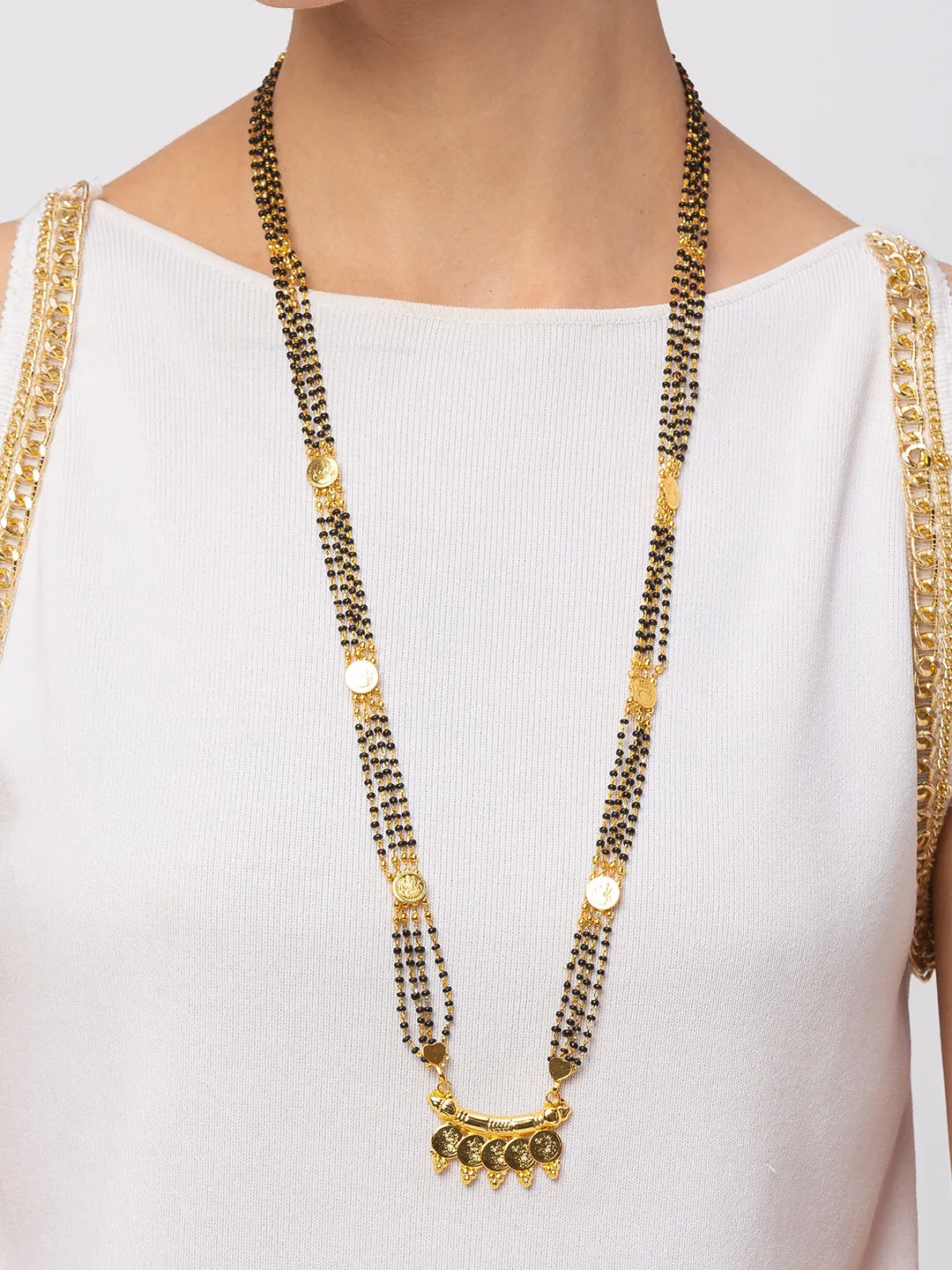 Long Mangalsutra Designs Gold Plated Laxmi Coins Pendant Maharashtrian Style Black Beads Mangalsutra