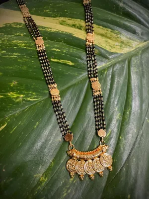 Long Mangalsutra Designs Gold Plated Laxmi Coins Pendant Maharashtrian Style Black Beads Mangalsutra