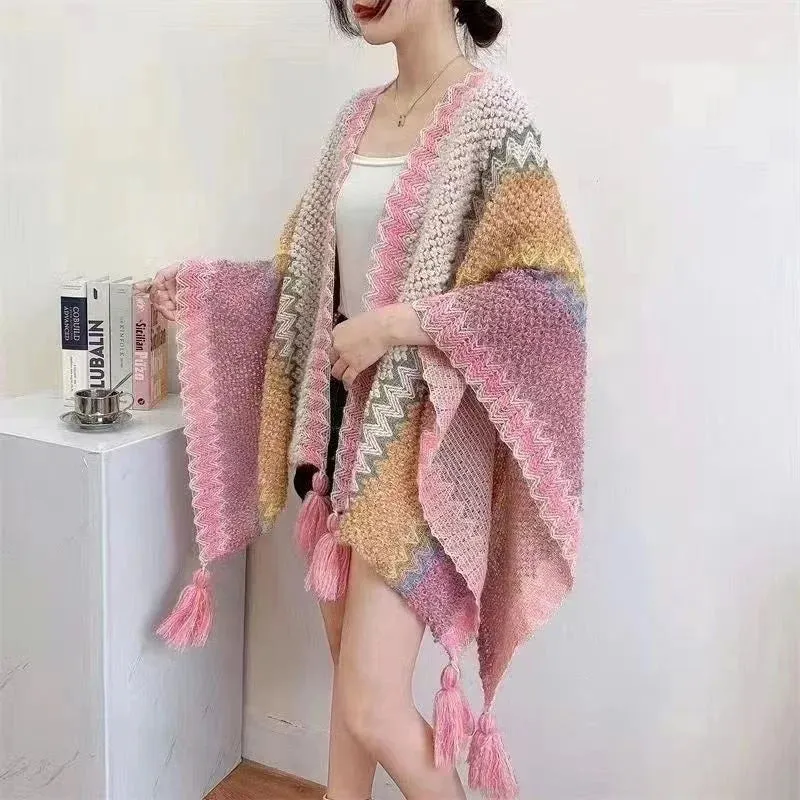 Loose Tassel Jumper Scarf: Cozy Knit Poncho for Women