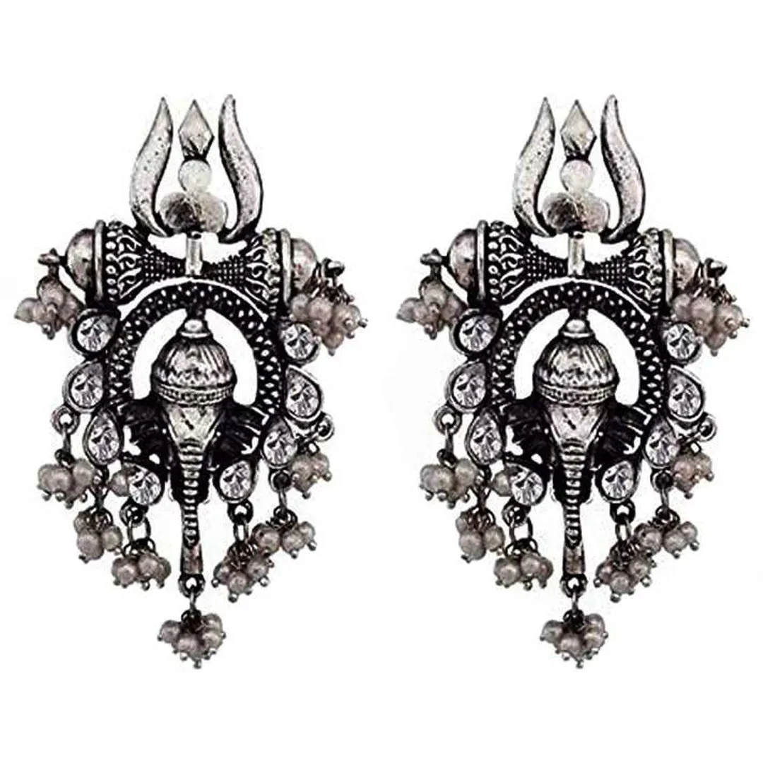 Lord Ganesha Silver Trishul Motif Stud Earrings