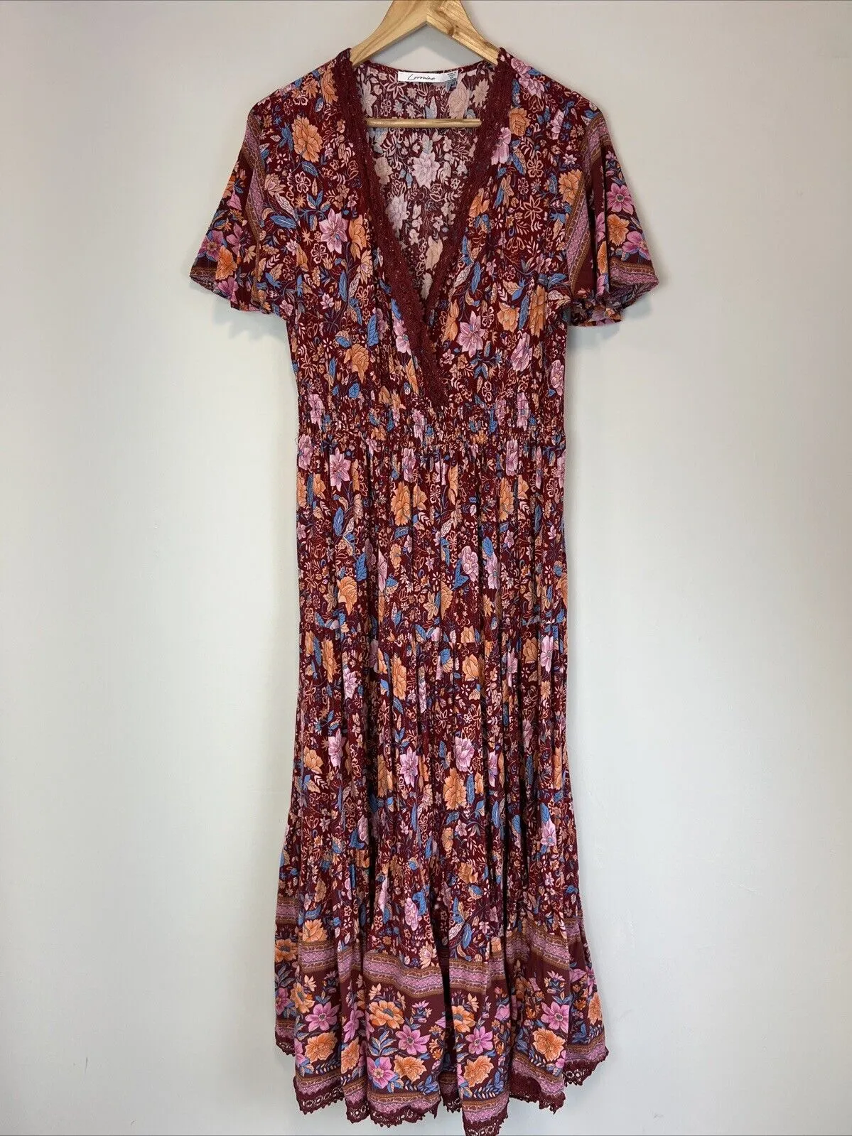 Lorraine Womens Red Boho Floral Pattern Midi Dress Size 12