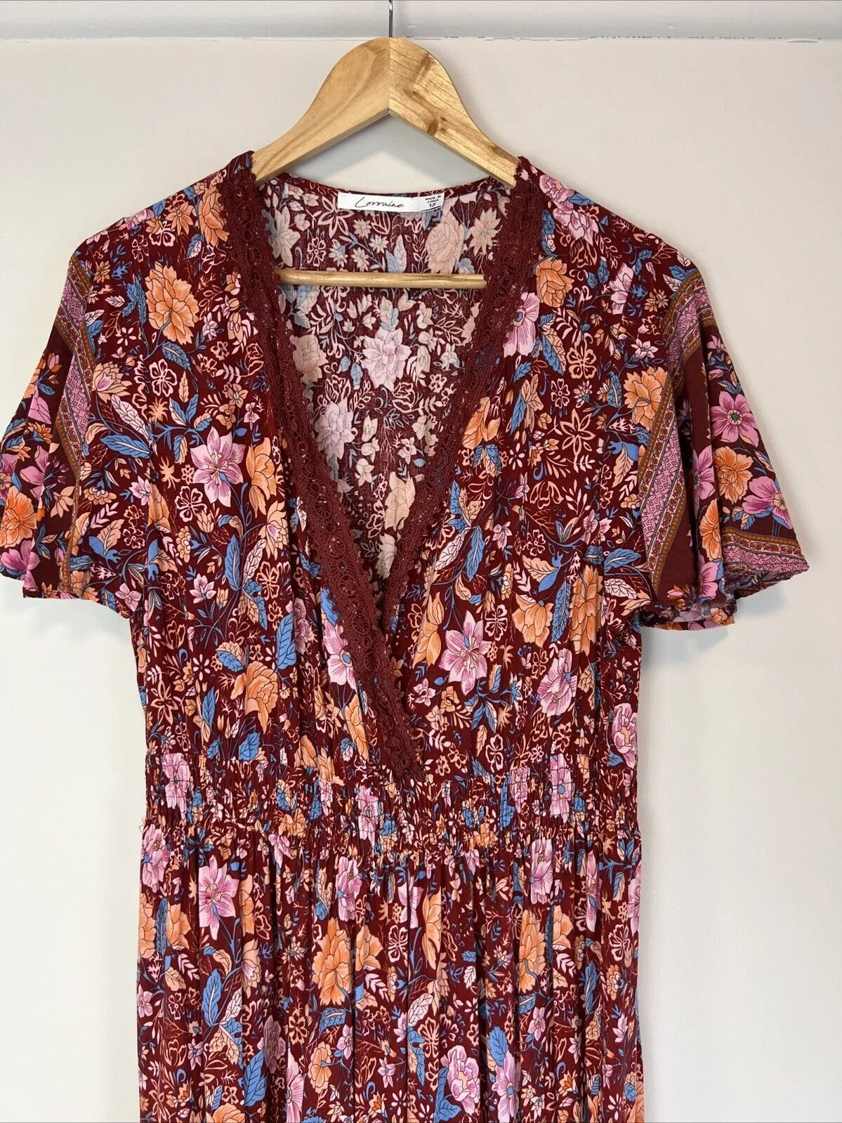 Lorraine Womens Red Boho Floral Pattern Midi Dress Size 12