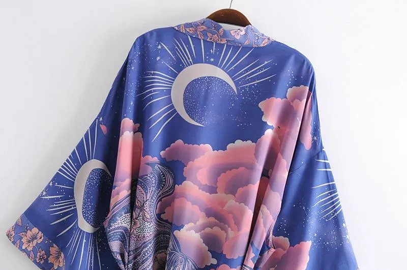 LUNAR Boho Vintage Blue Night Print Kimono