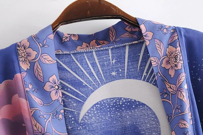 LUNAR Boho Vintage Blue Night Print Kimono
