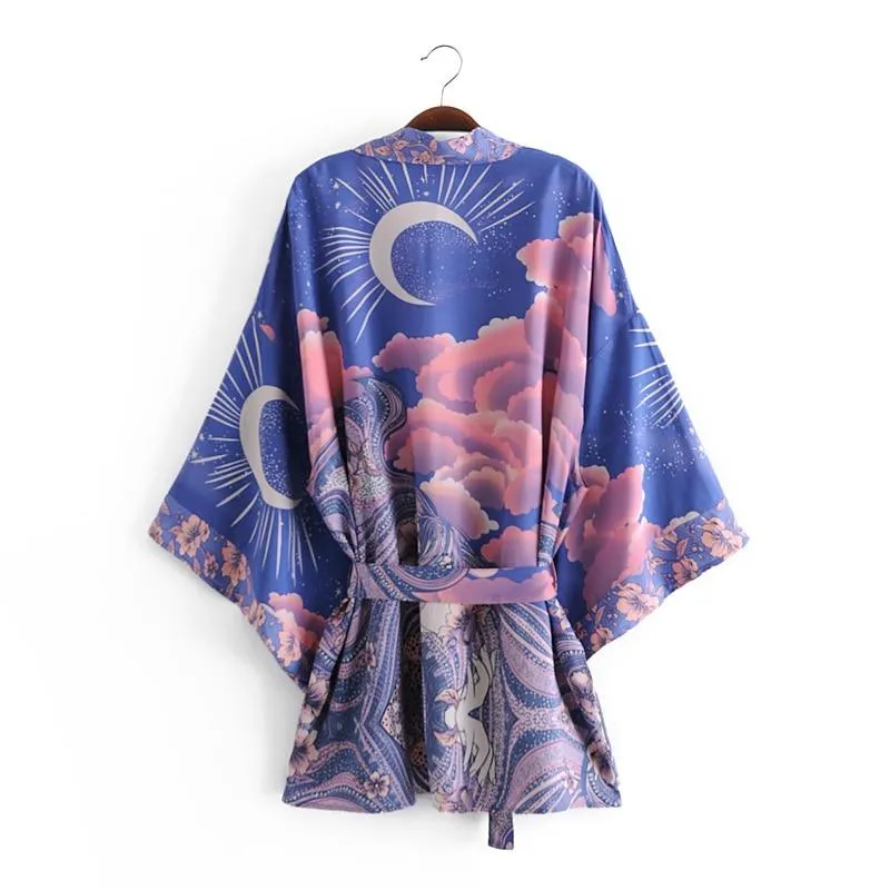 LUNAR Boho Vintage Blue Night Print Kimono