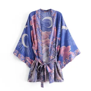 LUNAR Boho Vintage Blue Night Print Kimono