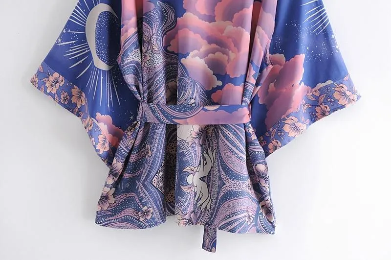 LUNAR Boho Vintage Blue Night Print Kimono