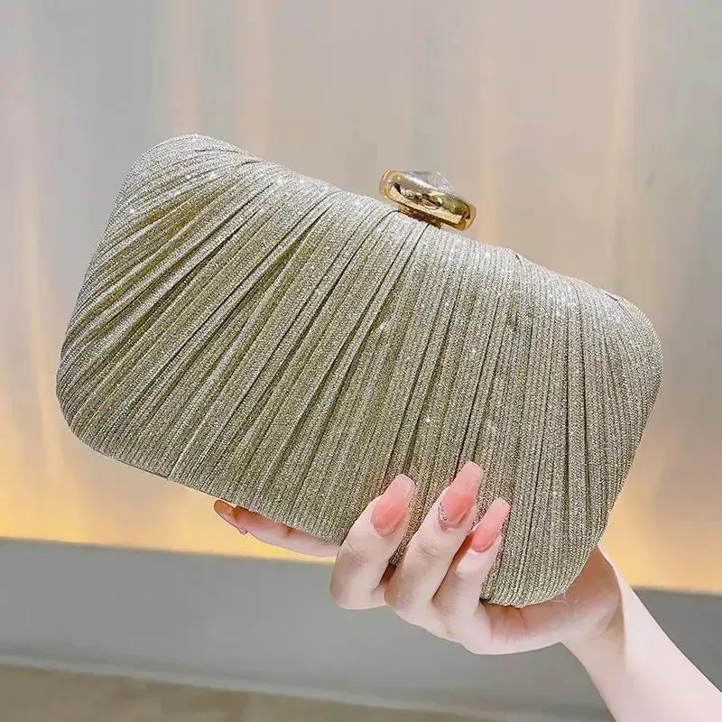 Luxury Rhinestone and Glitter Purse Box-Shaped Evening Bag for Women Solid Pattern Pleated Wedding Clutch for Parties