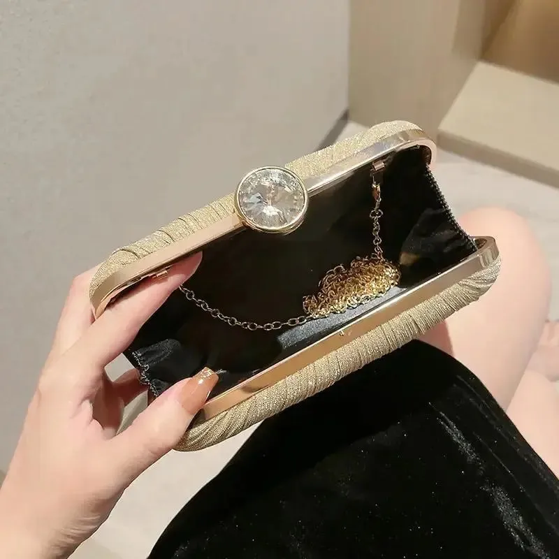 Luxury Rhinestone and Glitter Purse Box-Shaped Evening Bag for Women Solid Pattern Pleated Wedding Clutch for Parties