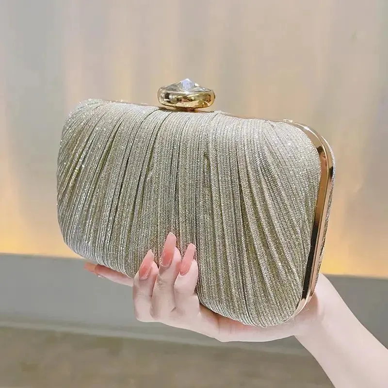 Luxury Rhinestone and Glitter Purse Box-Shaped Evening Bag for Women Solid Pattern Pleated Wedding Clutch for Parties