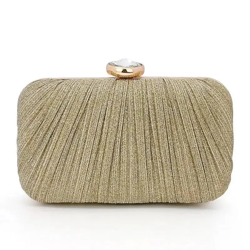 Luxury Rhinestone and Glitter Purse Box-Shaped Evening Bag for Women Solid Pattern Pleated Wedding Clutch for Parties