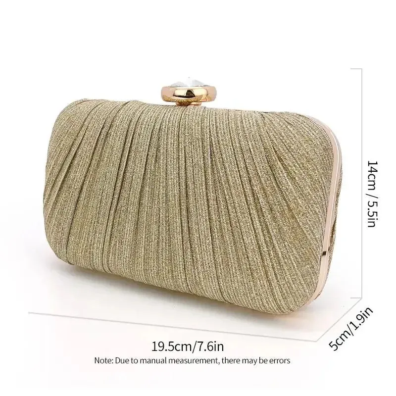 Luxury Rhinestone and Glitter Purse Box-Shaped Evening Bag for Women Solid Pattern Pleated Wedding Clutch for Parties