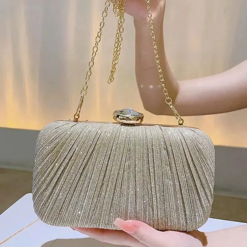 Luxury Rhinestone and Glitter Purse Box-Shaped Evening Bag for Women Solid Pattern Pleated Wedding Clutch for Parties
