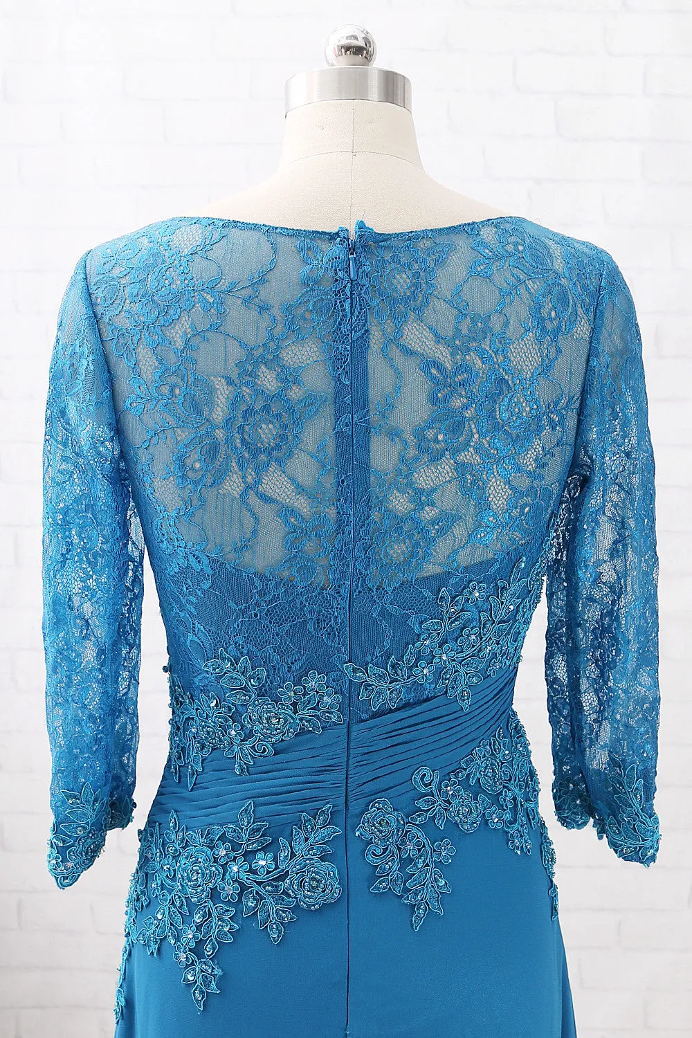 MACloth 3/4 Sleeves Lace Chiffon Teal Evening Gown Maxi Mother of the Brides Dress