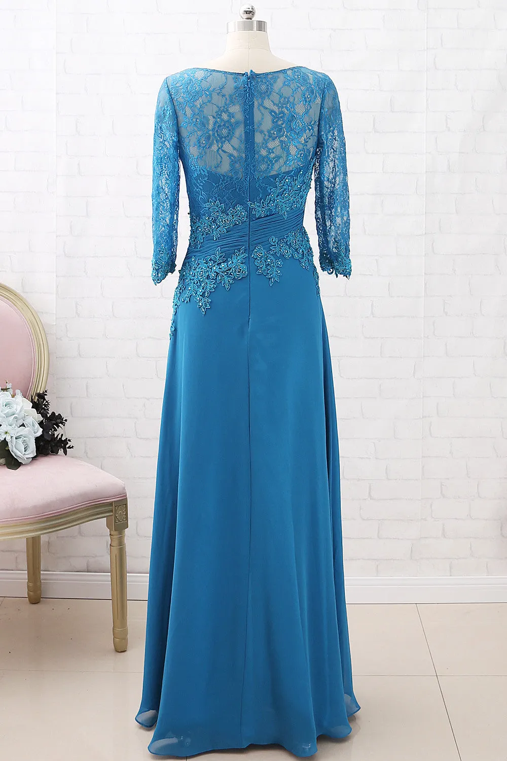 MACloth 3/4 Sleeves Lace Chiffon Teal Evening Gown Maxi Mother of the Brides Dress