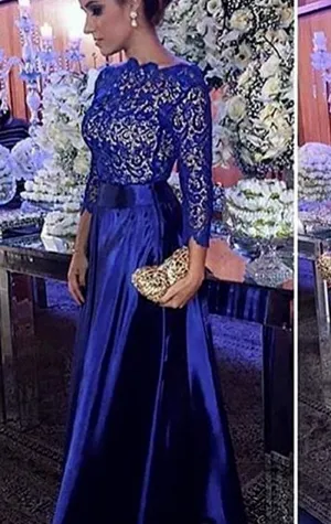 MACloth 3/4 Sleeves Lace Taffeta Long Prom Dress Royal Blue Formal Evening Gown