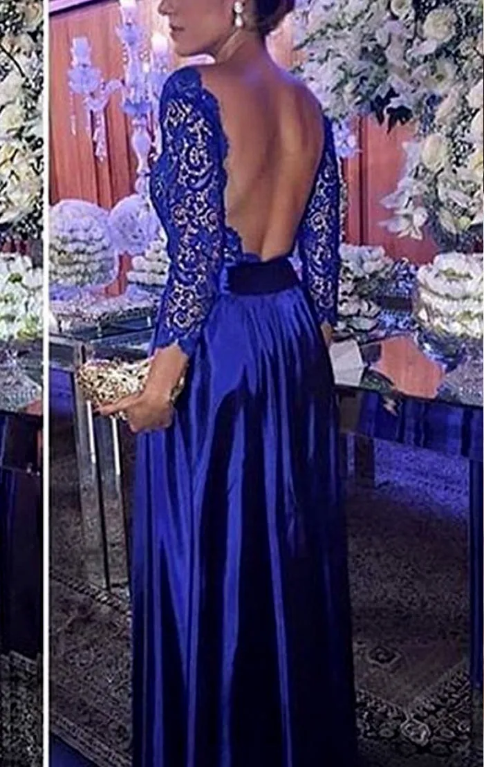 MACloth 3/4 Sleeves Lace Taffeta Long Prom Dress Royal Blue Formal Evening Gown